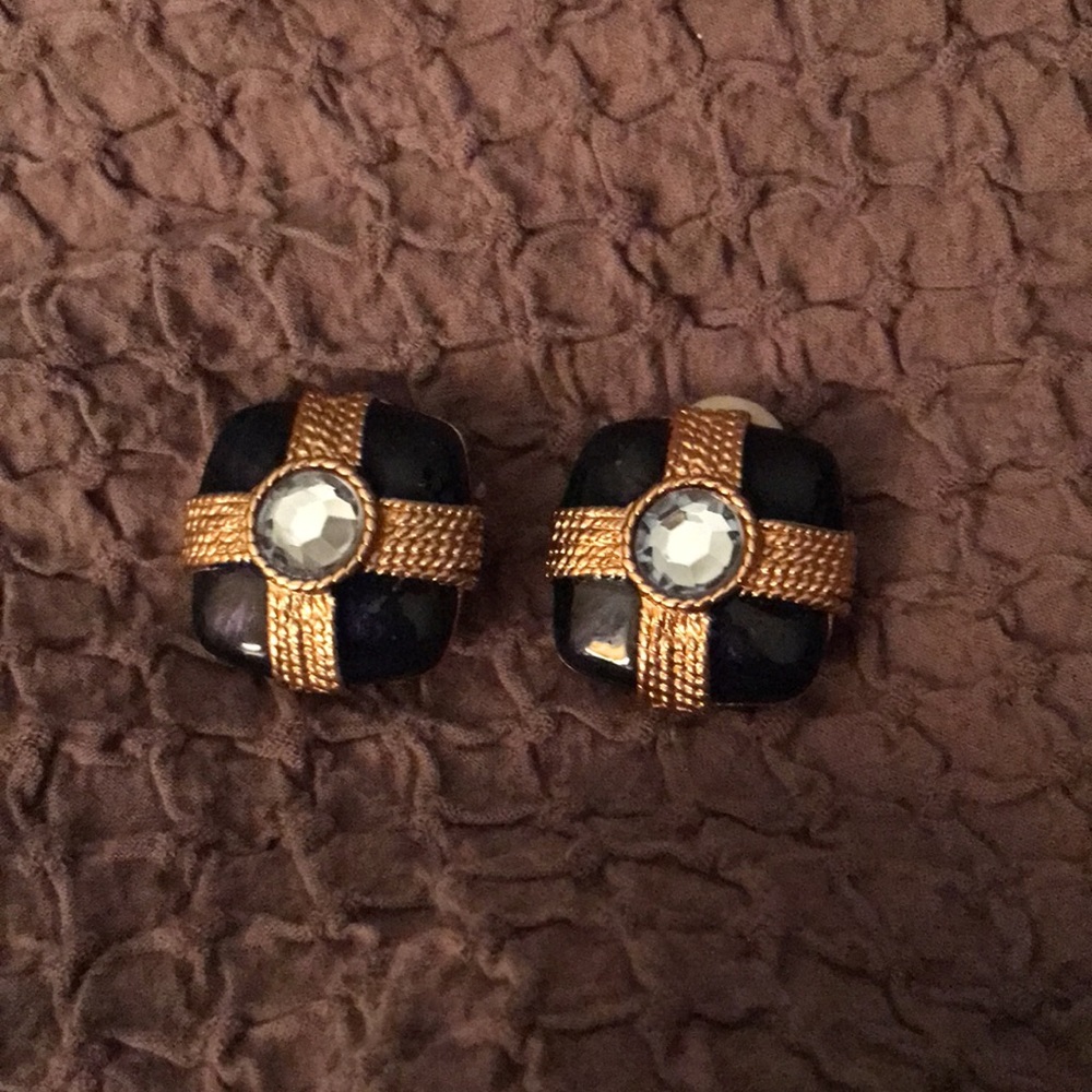 Bundle 3 for $10  Vintage black enamel & gold toned clip on earrings w/ crystal.